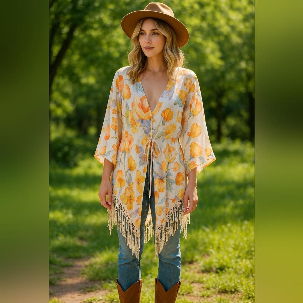 Umgee Womens Floral Open Front Casual Kimono Top Size L